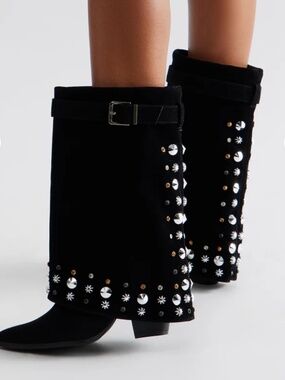 Studded Overlay Boots - Black